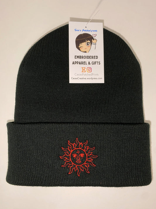 CELESTIAL SUN Beanie, Red Sun Embroidered Beanie, Lunar Spiritual Rave Hat Beanie Cosmic Solstice Astrology Spiritual Mystical Galactic Sol