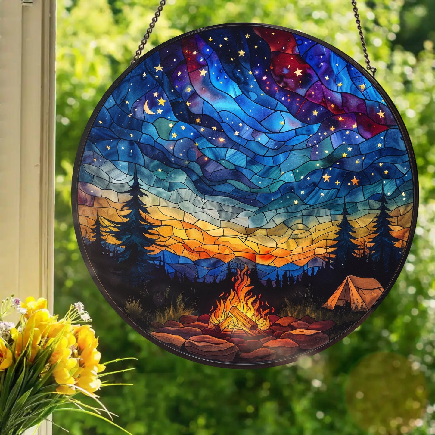 Starry Camp Fire: Stained Glass Style Window Hanging