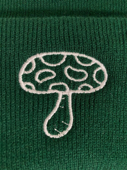 WHITE MUSHROOM Beanie, Mushroom Outline Embroidered Forest Green Beanie, Rave Beanie Hat, Nature Themed Plant Lovers Gift Present Simple