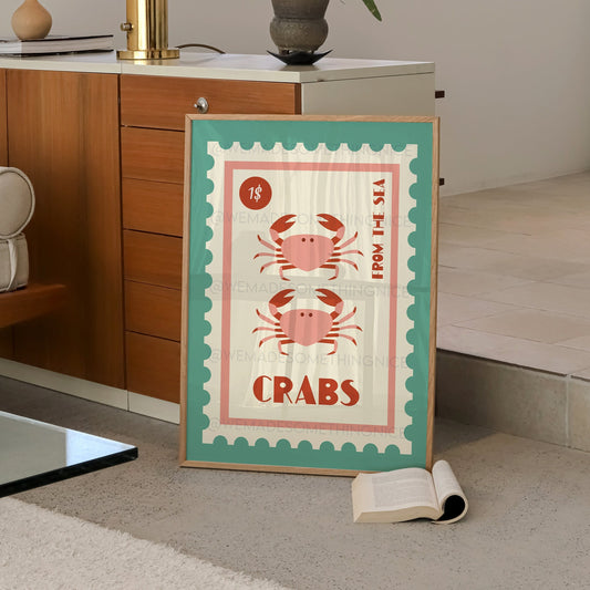 Crab Print, Coastal Wall Art, Coastal Print, Kitchen Art, Vintage Food Print, Coastal Art, Food Art,Trendy Wall Art, Bathroom Print