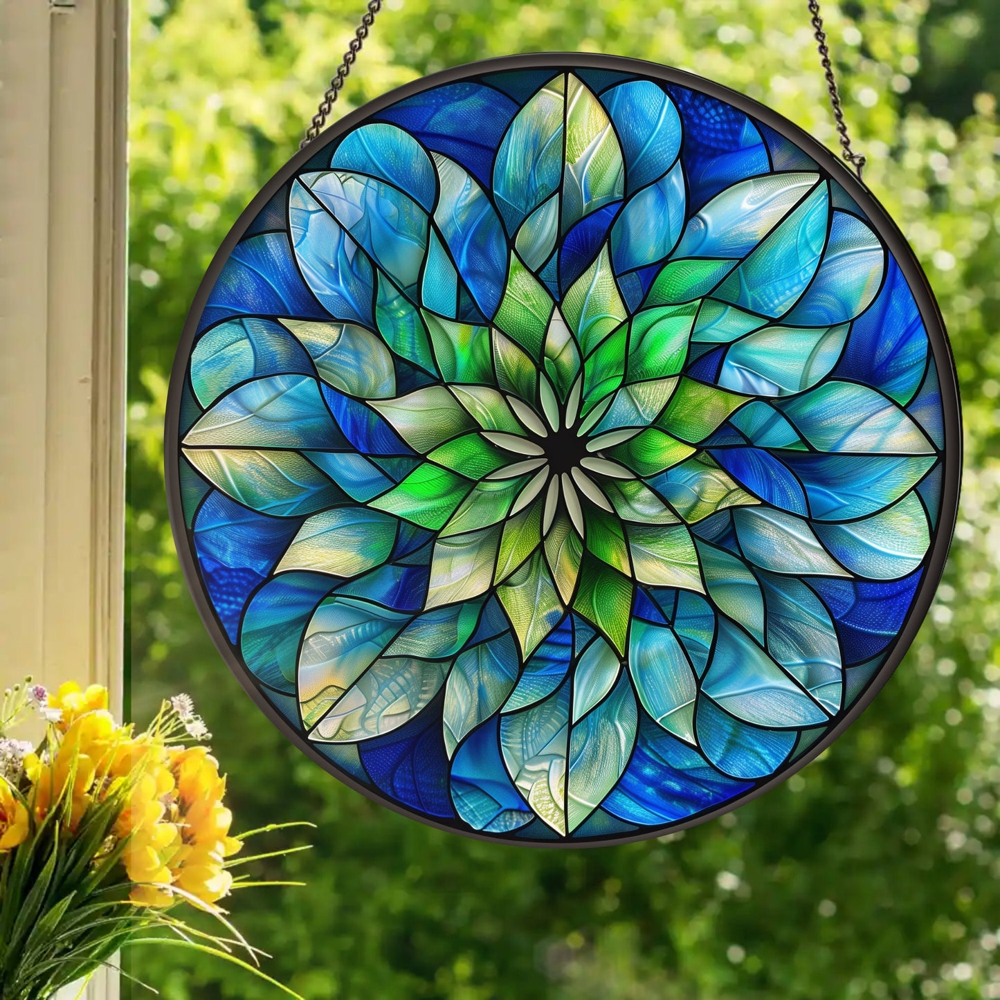 Sea and Land Mandala: Stained Glass Style Window Hanging Made With Real Glass