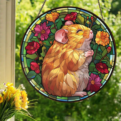 Ecstatic Golden Hamster: Stained Glass Style Window Hanging Made With Real Glass
