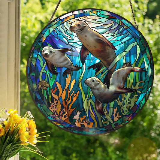 Kelp Forest Sea Lions: Stained Glass Style Window Hanging Made With Real Glass