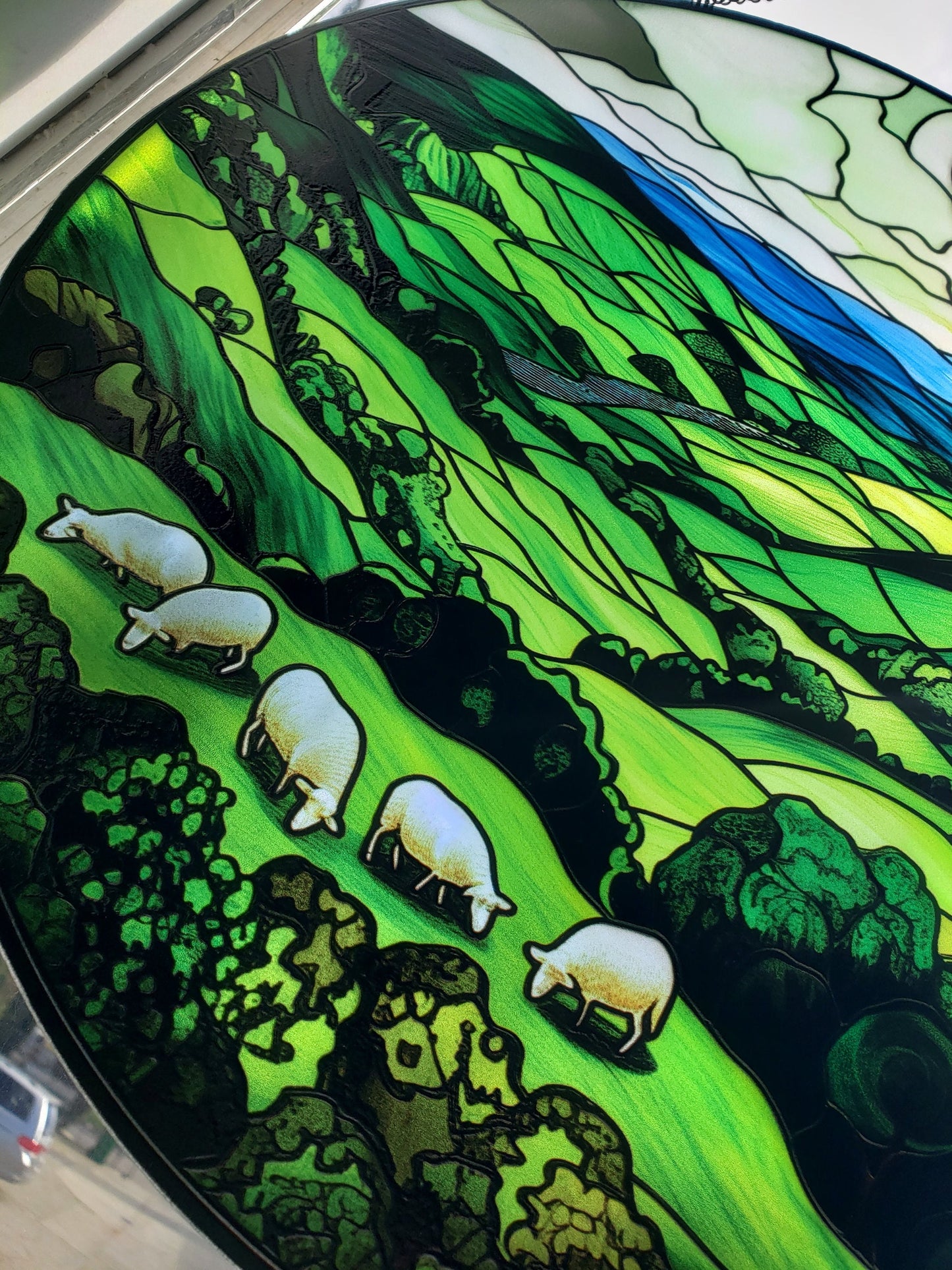 Green Irish Hills: Stained Glass Style Window Hanging