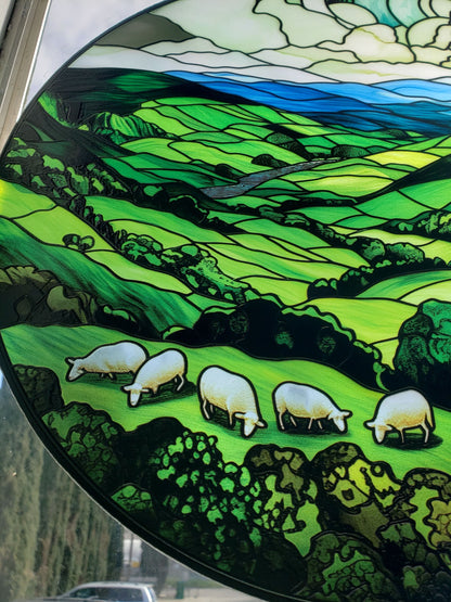Green Irish Hills: Stained Glass Style Window Hanging