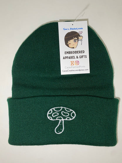 WHITE MUSHROOM Beanie, Mushroom Outline Embroidered Forest Green Beanie, Rave Beanie Hat, Nature Themed Plant Lovers Gift Present Simple