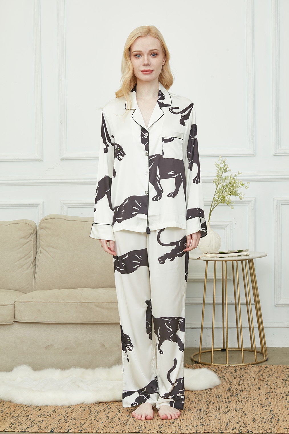 Satin Long Pyjama Set, Bride And Bridesmaids Pajama, Pajama Set For Women , Black Panther Print, Gift For Her,Could Be Wear Outside