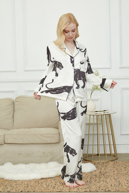 Satin Long Pyjama Set, Bride And Bridesmaids Pajama, Pajama Set For Women , Black Panther Print, Gift For Her,Could Be Wear Outside