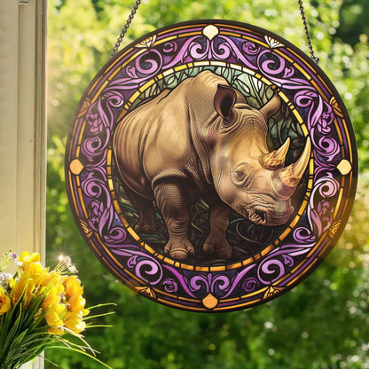 Rhino Art Nouveau: Stained Glass Style Window Hanging Made With Real Glass
