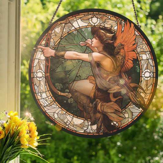 Nouveau Archery Angel: Stained Glass Style Window Hanging Made With Real Glass