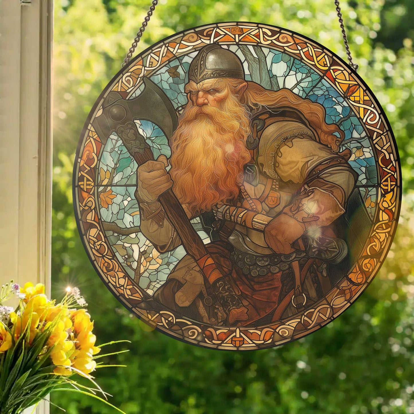 Gormund The Dwarf With His Battle Axe: Stained Glass Style Window Hanging Made With Real Glass