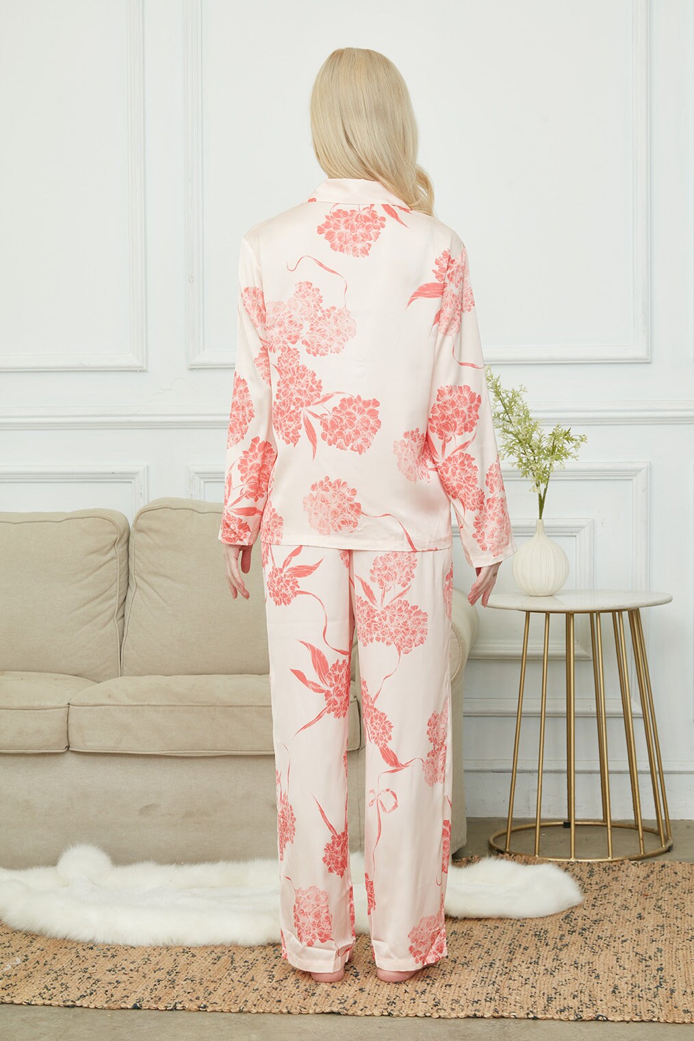 Satin Laurustinus Print Long Pyjama Set, Bride And Bridesmaids Pajama,Gift For Her, Personalized Gift For Bridesmaids?2 Colors Available