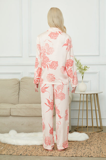 Satin Laurustinus Print Long Pyjama Set, Bride And Bridesmaids Pajama,Gift For Her, Personalized Gift For Bridesmaids?2 Colors Available