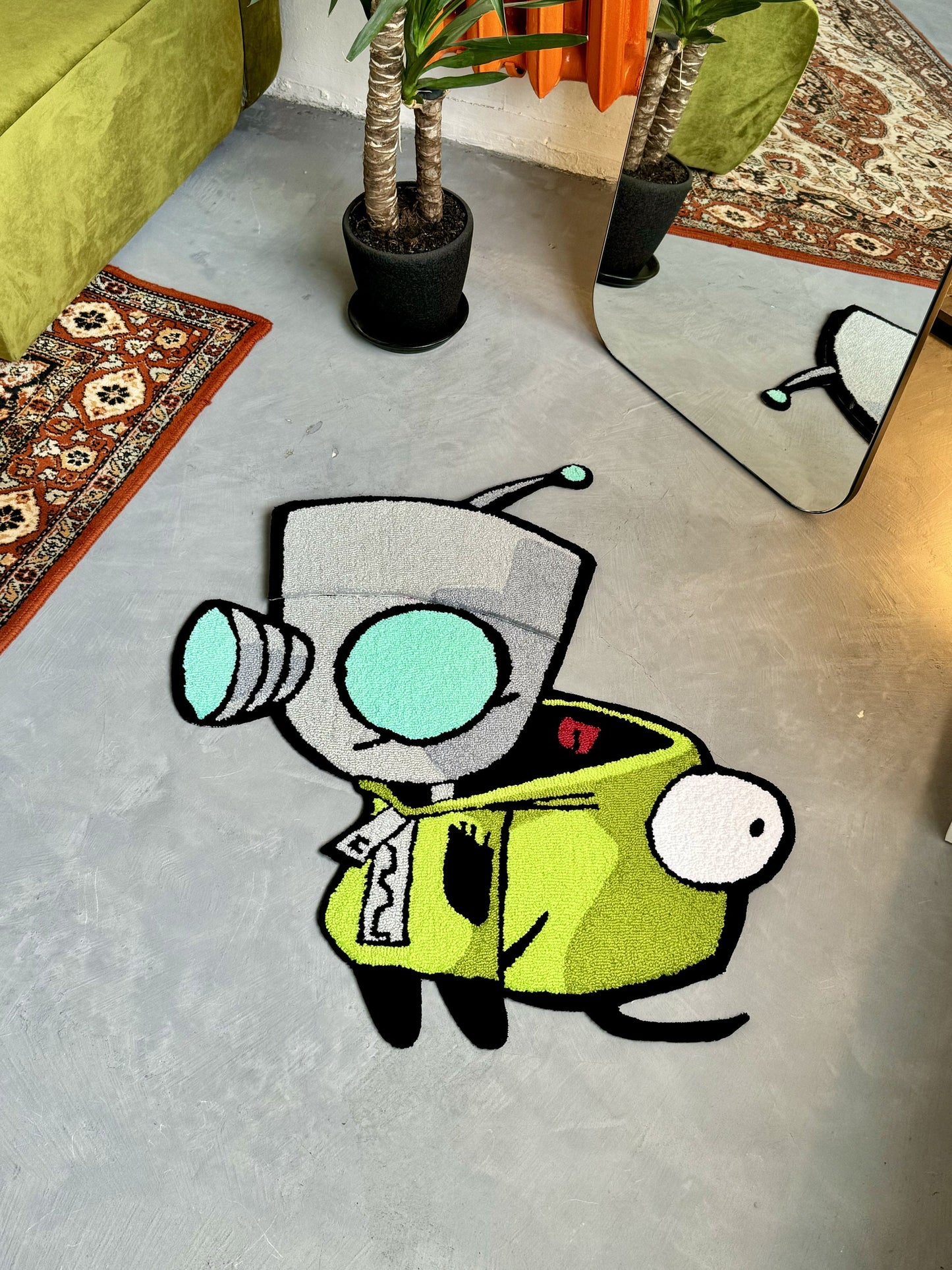 Tufted Cartoon Rug, Invader Character Rug, Alien Home Decor, Tufted Green Rug, Custom Alien Home Decor Rug