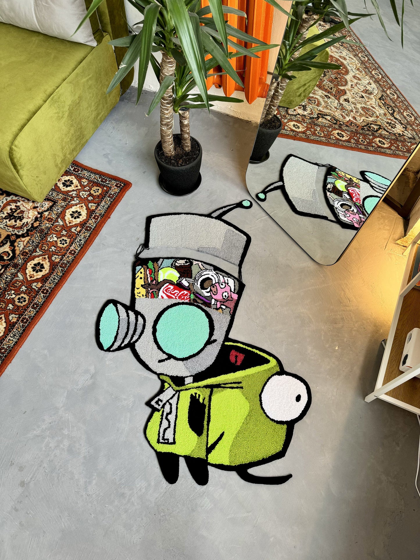 Tufted Cartoon Rug, Invader Character Rug, Alien Home Decor, Tufted Green Rug, Custom Alien Home Decor Rug