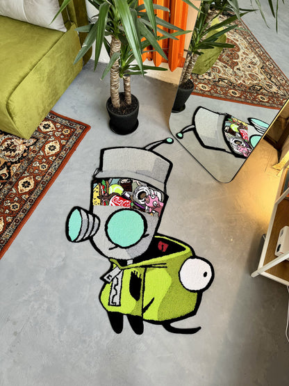 Tufted Cartoon Rug, Invader Character Rug, Alien Home Decor, Tufted Green Rug, Custom Alien Home Decor Rug