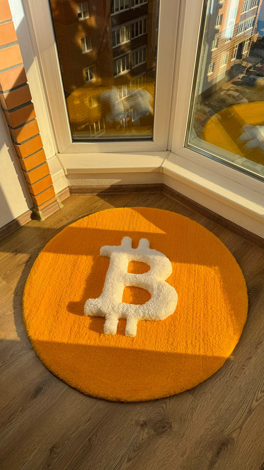 Bitcoin Rug – Puffy Tufted Crypto Rug, Handmade Bitcoin Logo Carpet, Custom Round Orange Rug for Crypto Traders, Modern Tech Decor