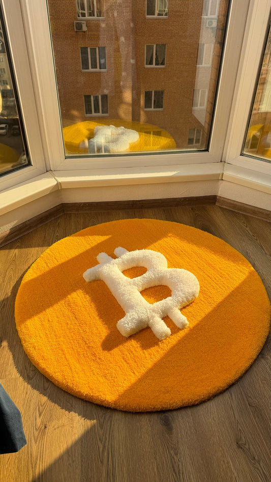 Bitcoin Rug – Puffy Tufted Crypto Rug, Handmade Bitcoin Logo Carpet, Custom Round Orange Rug for Crypto Traders, Modern Tech Decor