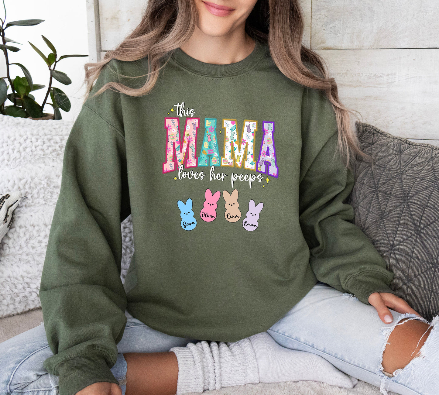 Personalized Mama Easter Shirt, This Mama Loves Her Peeps, Bunny Mom Sweatshirt, Mommy Peeps Shirt, Mom with Kids Names Easter Shirt