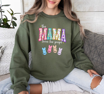 Personalized Mama Easter Shirt, This Mama Loves Her Peeps, Bunny Mom Sweatshirt, Mommy Peeps Shirt, Mom with Kids Names Easter Shirt