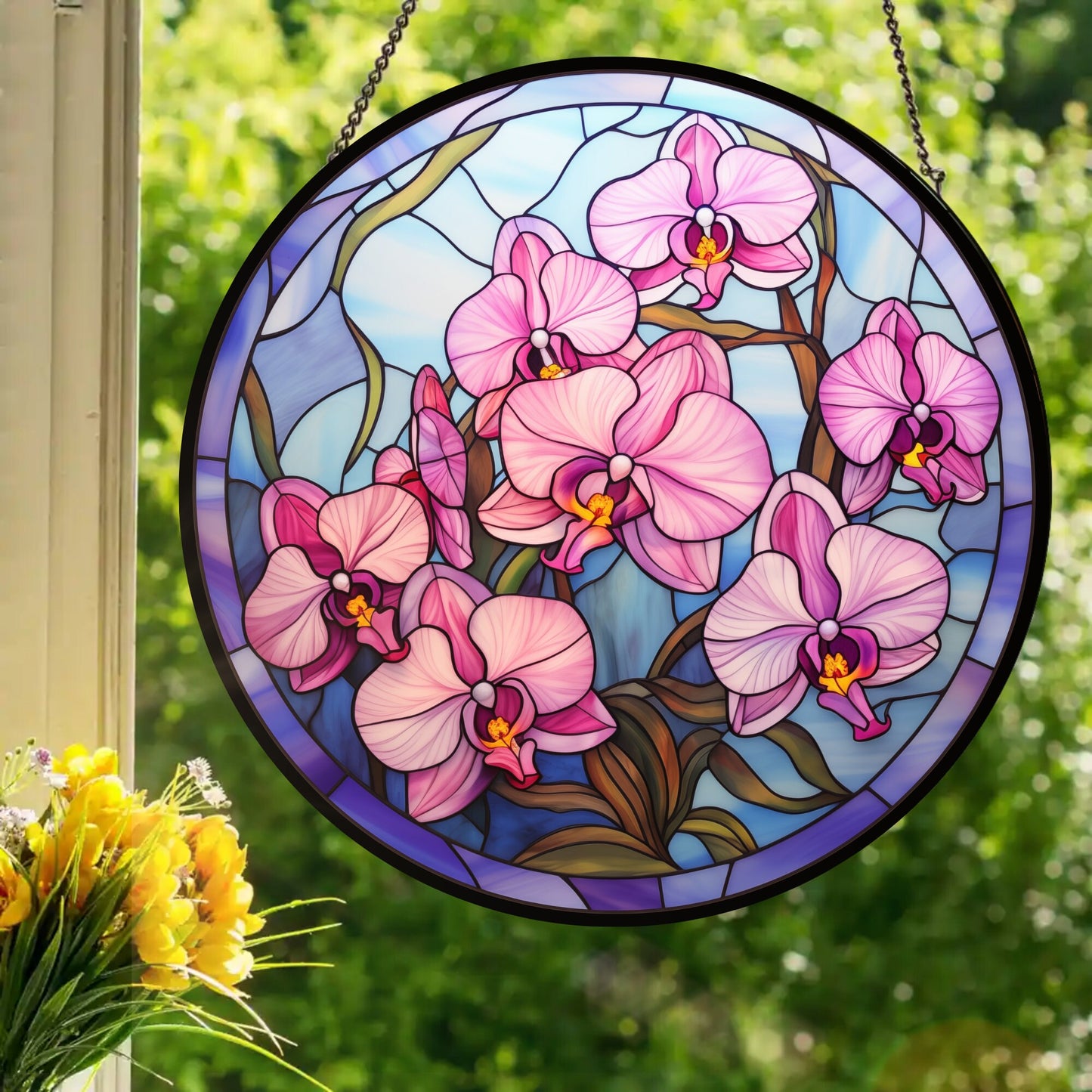 Pink Orchids: Stained Glass Style Window Hanging Made With Real Glass