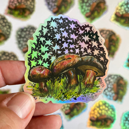 Starry Shrooms | 3" Holographic Sticker Decal | Waterproof Weatherproof | Mushrooms Mystic