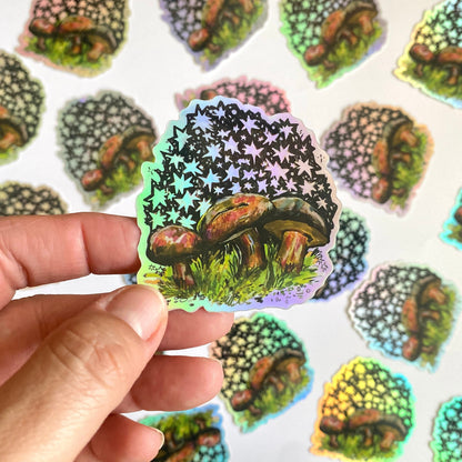 Starry Shrooms | 3" Holographic Sticker Decal | Waterproof Weatherproof | Mushrooms Mystic