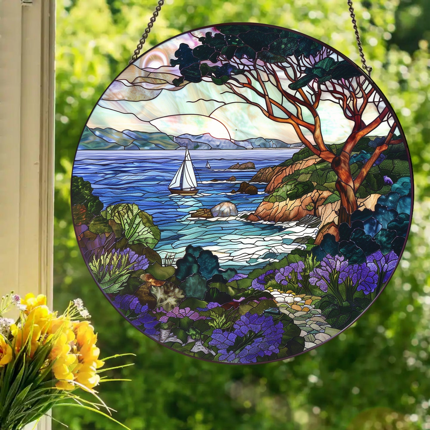 California Coast: Stained Glass Style Window Hanging