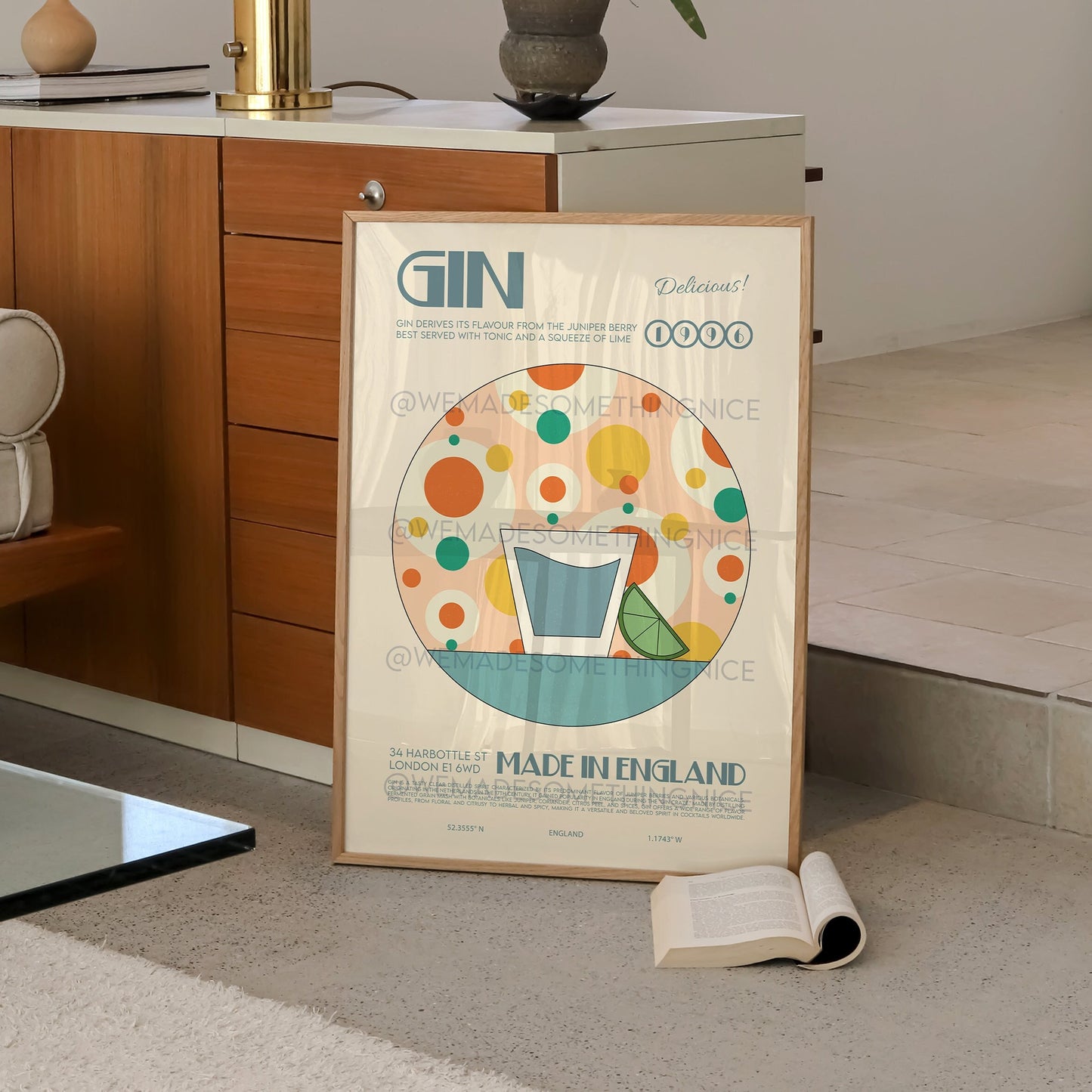 Gin Print, Retro Cocktail Poster, Kitchen Decor, Cocktail Print, Mid Century Modern, Gin and Tonic Print