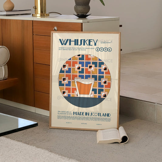 Whiskey Print, Cocktail Art, Kitchen Art, Kitchen Poser, Drinks Poster, Kitchen Decor, Cocktail Poster, Mid Century Modern, Illustration