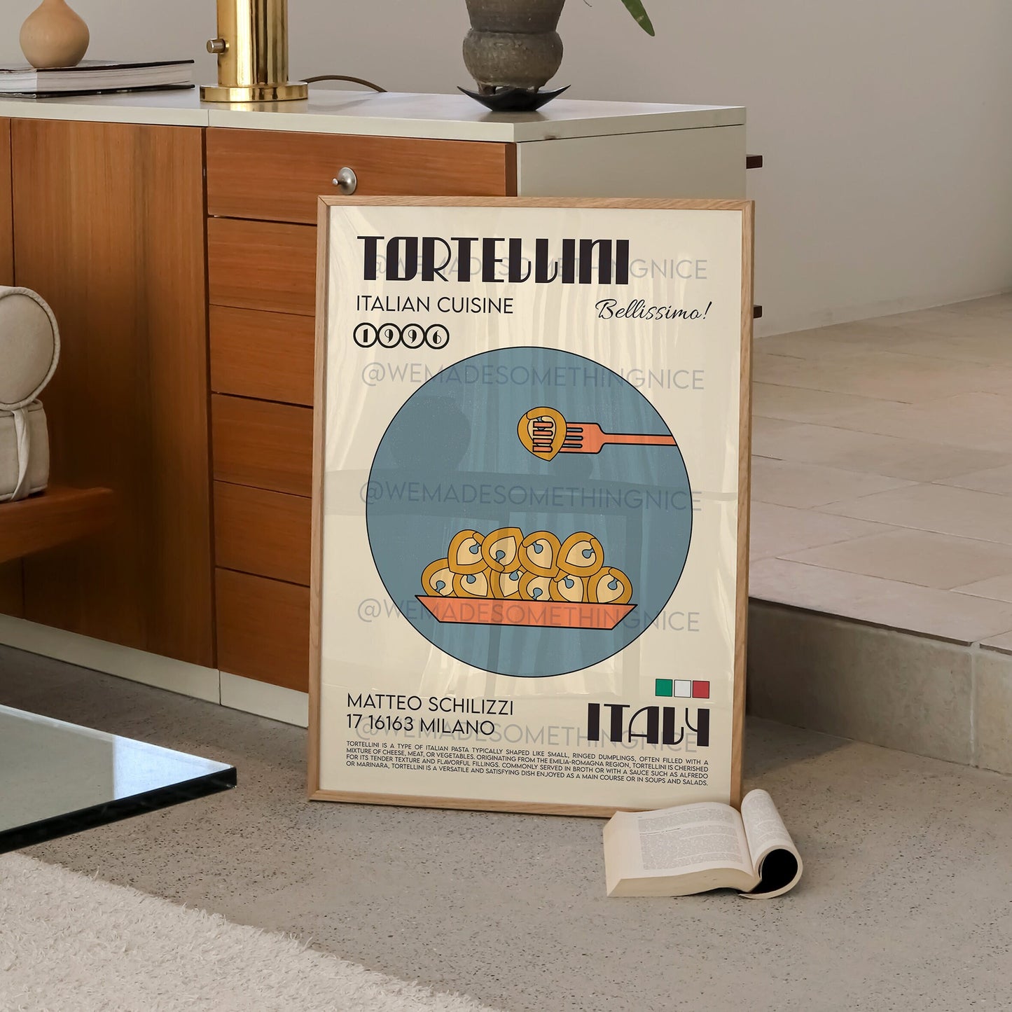 Tortellini Poster, Pasta Poster, Kitchen Poster, Kitchen Print, Modern Kitchen Decor, Illustration, Kitchen Art, Pasta Print, Retro Wall Art