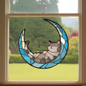 Cat On The Moon Window Hanging, Loss of Pet Sympathy Gift, Cat Window Decor, Acrylic Cat Lovers Gift for Mothers Day, Gift For Cat Lover.