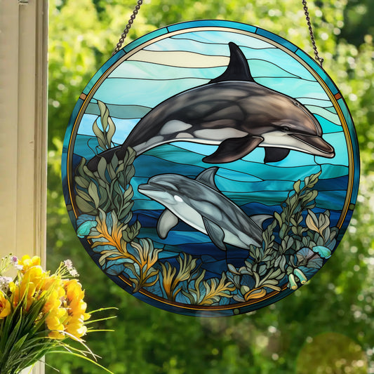Playful Dolphins: Stained Glass Style Window Hanging