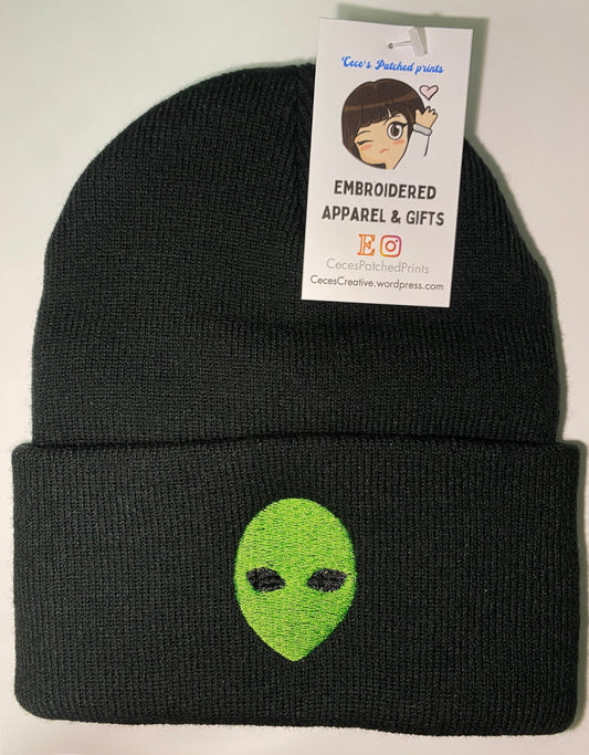 ALIEN Beanie, Green Alien Embroidered Beanie, Space Galactic Winter Cap Extraterrestrial Area 51 Embroidered Beanie, Rave Beanie