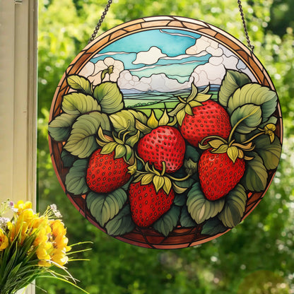 Sunny Strawberries: Stained Glass Style Window Hanging