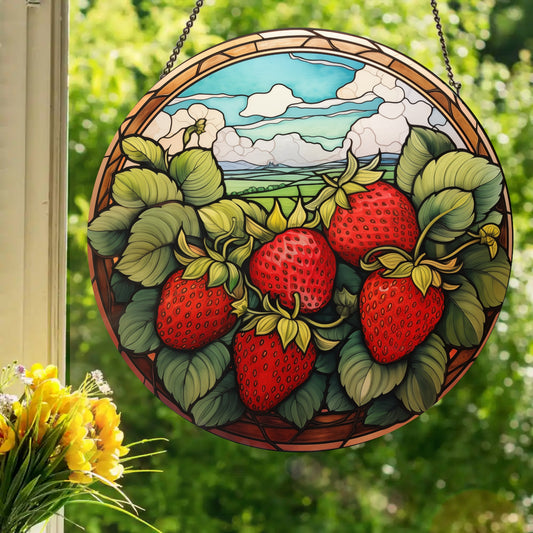 Sunny Strawberries: Stained Glass Style Window Hanging