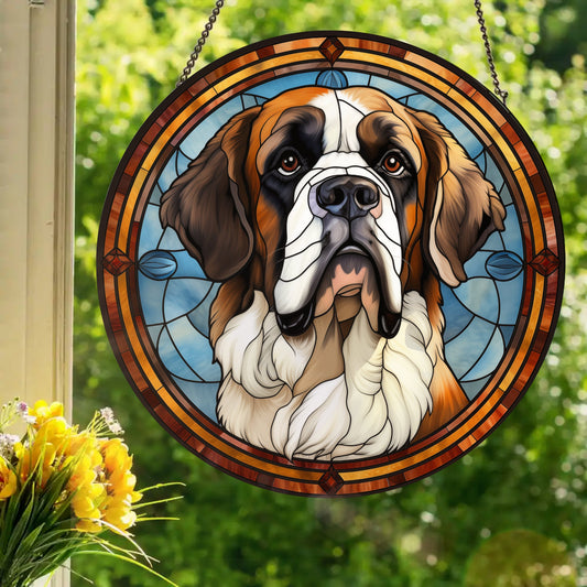 Saint Bernard: Stained Glass Style Window Hanging