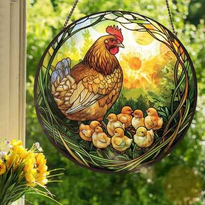 Spring Hen and Chicks: Stained Glass Style Window Hanging