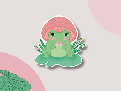 Frog with Mushroom Hat Sticker- Cute Frog Vinyl Sticker, Kindle waterproof decal, Aesthetic Phone Case Sticker, Laptop Decal, Frog on Lily