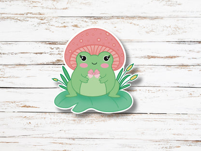 Frog with Mushroom Hat Sticker- Cute Frog Vinyl Sticker, Kindle waterproof decal, Aesthetic Phone Case Sticker, Laptop Decal, Frog on Lily