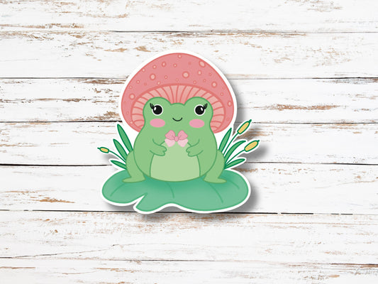 Frog with Mushroom Hat Sticker- Cute Frog Vinyl Sticker, Kindle waterproof decal, Aesthetic Phone Case Sticker, Laptop Decal, Frog on Lily