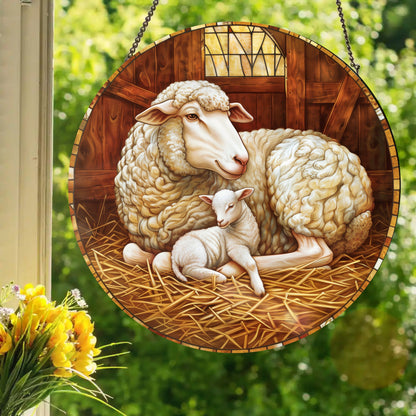 Ewe & Lamb: Stained Glass Style Window Hanging Made With Real Glass