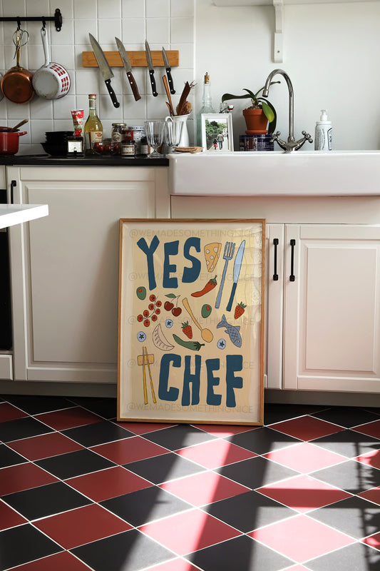 Yes Chef Poster, Kitchen Art, Kitchen Print, Trendy Wall Art, Maximalist Wall Art, Apartment Decor, Retro Wall Art, Food Poster