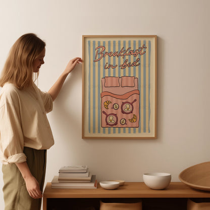 Breakfast In Bed Poster, Coffee Poster, Apartment Decor, Retro Wall Art, Coquette Room Decor, Pink Wall Art, Y2K Room Decor, Retro Wall Art