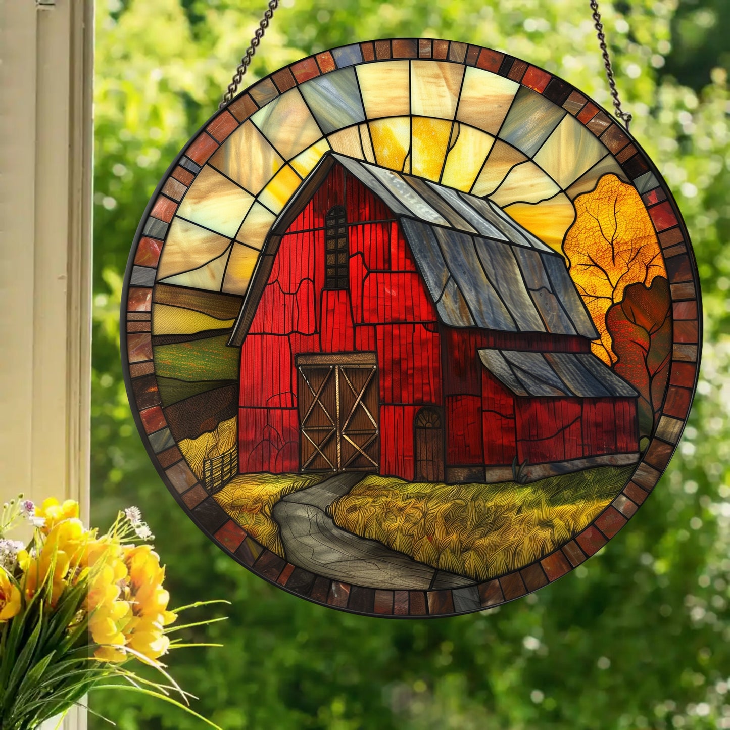 Red Country Barn: Stained Glass Style Window Hanging