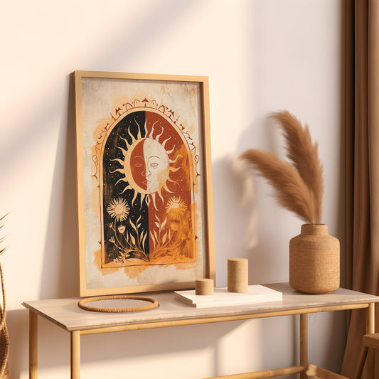 Sun Art Poster Mystical Folk Art Illustration Flowery Spiritual Print Botanical Rose Boho Wall Art Earth Tones Flowery Calm Bedroom Decor