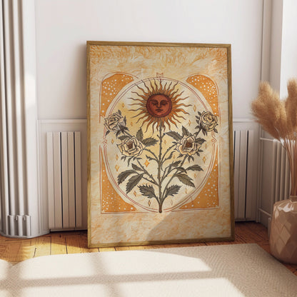 Sun Art Poster Mystical Folk Art Illustration Flowery Spiritual Print Botanical Rose Boho Wall Art Earth Tones Flowery Bedroom Decor