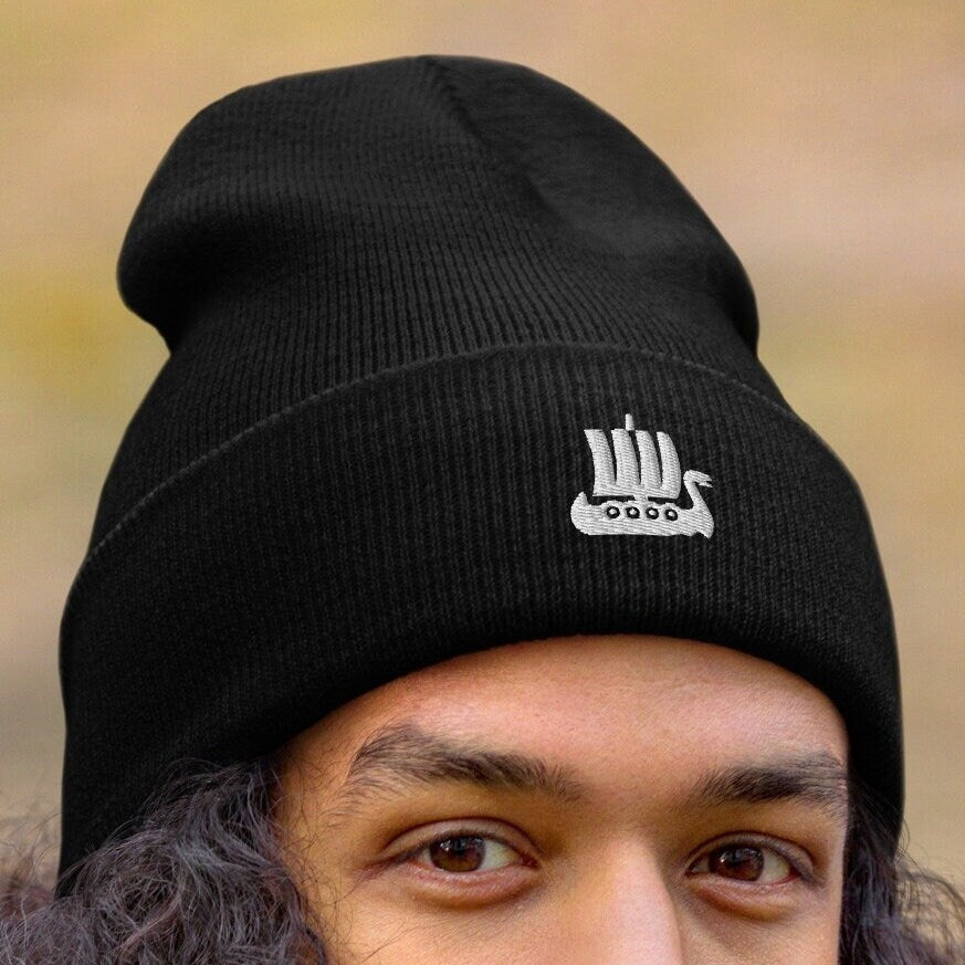 Viking Ship Embroidered Beanie, Vikings Toque, Scandinavian Minimalist Logo Hat, Explorer Spirit Skull Cap
