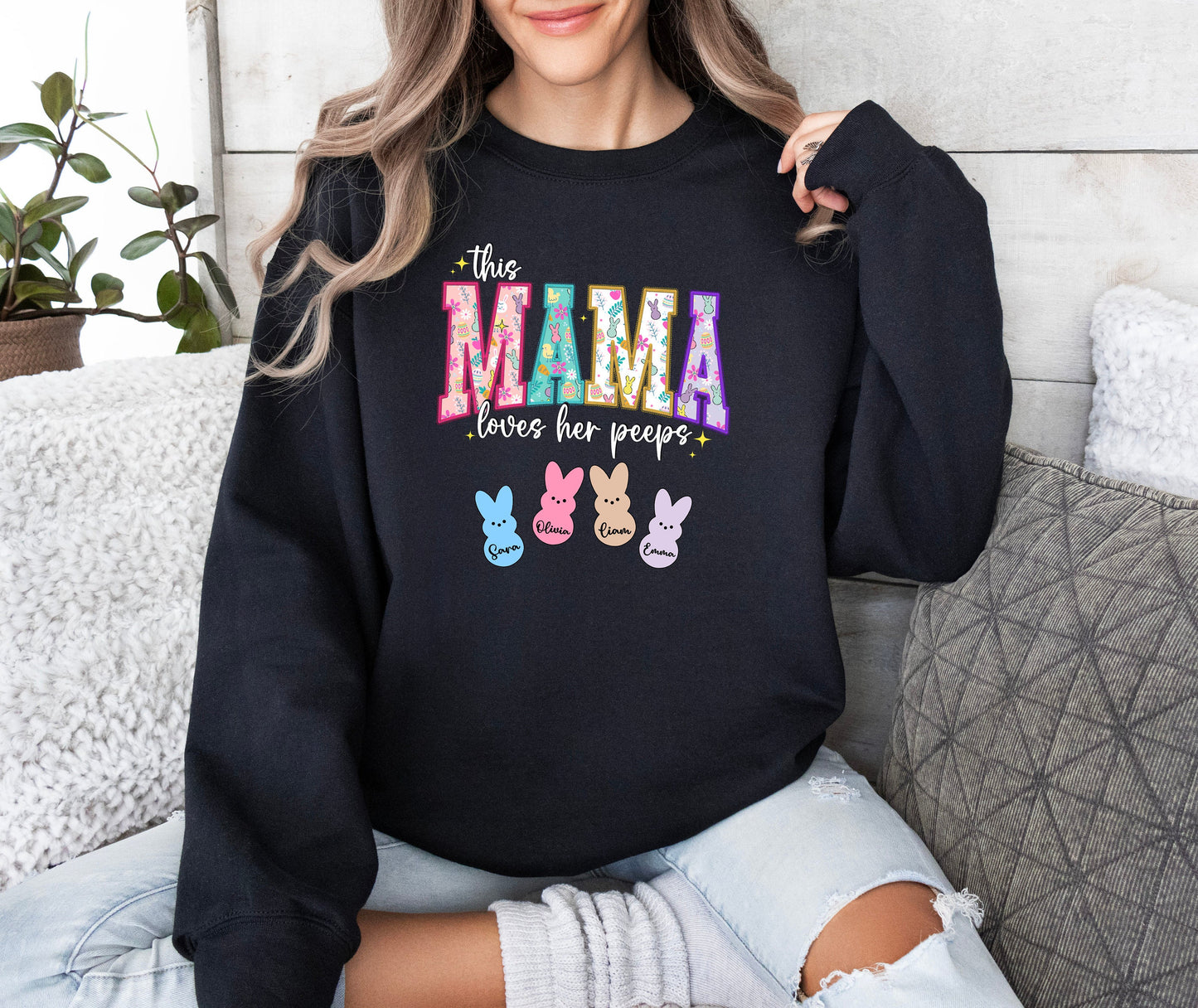 Personalized Mama Easter Shirt, This Mama Loves Her Peeps, Bunny Mom Sweatshirt, Mommy Peeps Shirt, Mom with Kids Names Easter Shirt