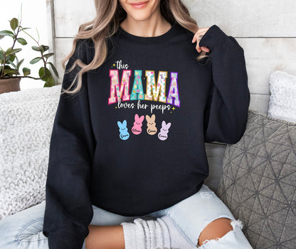 Personalized Mama Easter Shirt, This Mama Loves Her Peeps, Bunny Mom Sweatshirt, Mommy Peeps Shirt, Mom with Kids Names Easter Shirt